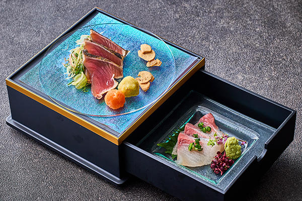 鰹のたたき かんぱちの薄造り 柚子こしょう