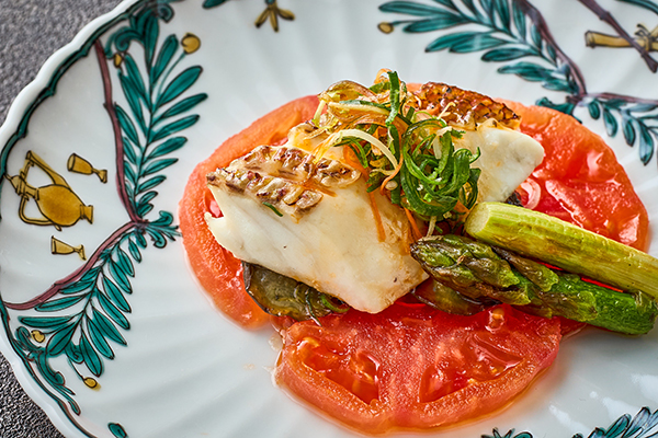 尾長鯛と茄子 アスパラガス 黒酢仕立て